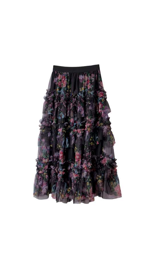 FALDA MIDI TUL FLORAL VOLANTES