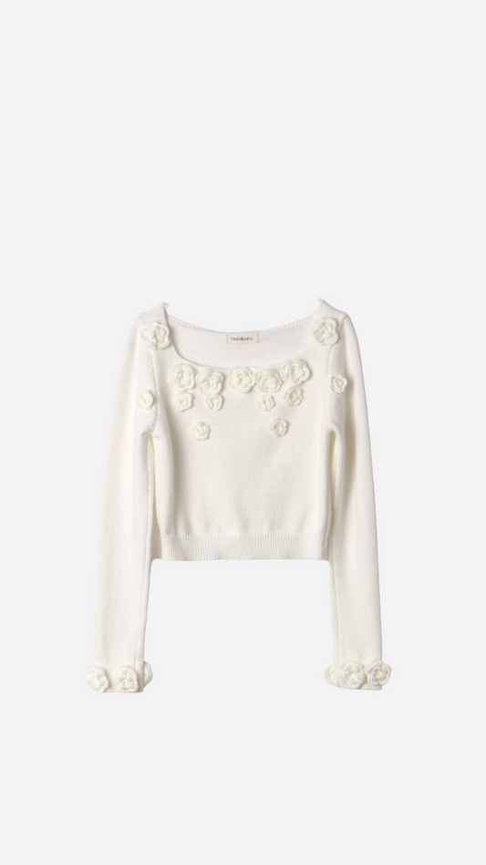 3D FLOWER EMBROIDERED BOAT NECK SWEATER